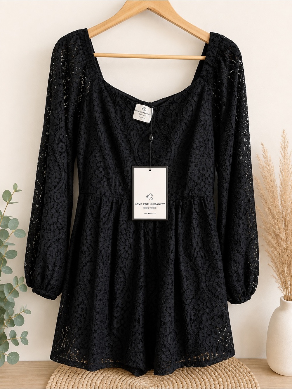 Love for Humanity Couture Black Lace Long Sleeve Romper NWT